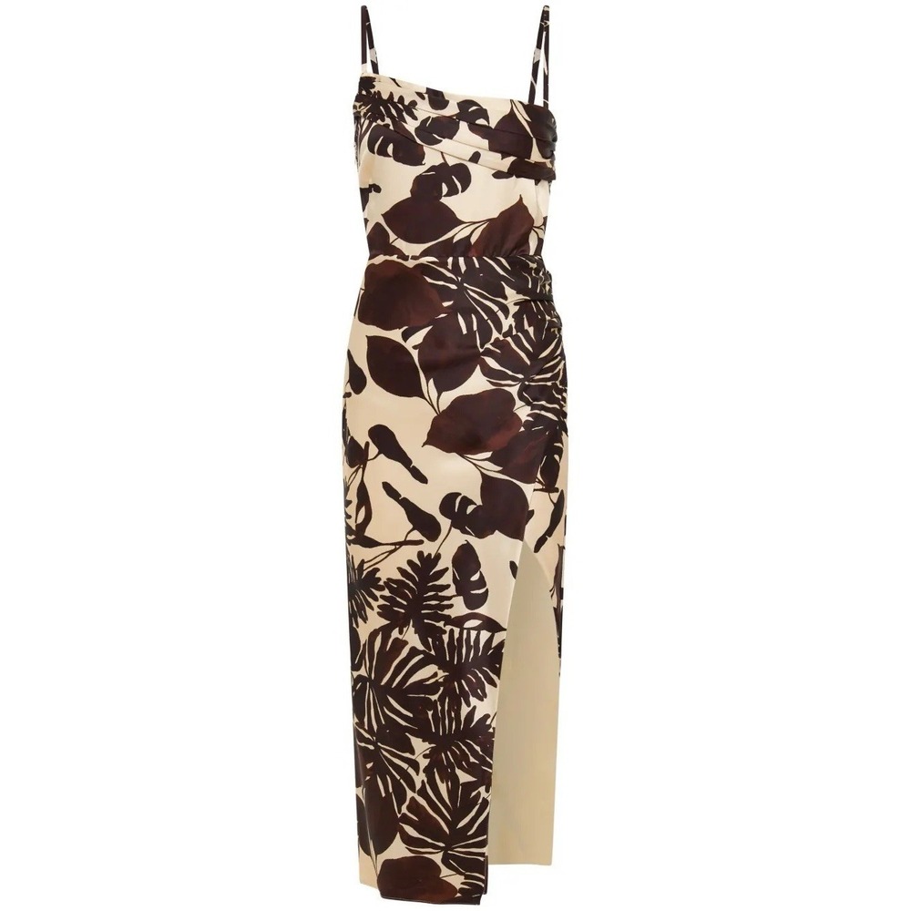 NWT Nicholas Chocolate Brown Skyler Draped Satin Midi Dress Sz 4 Tropical Resort